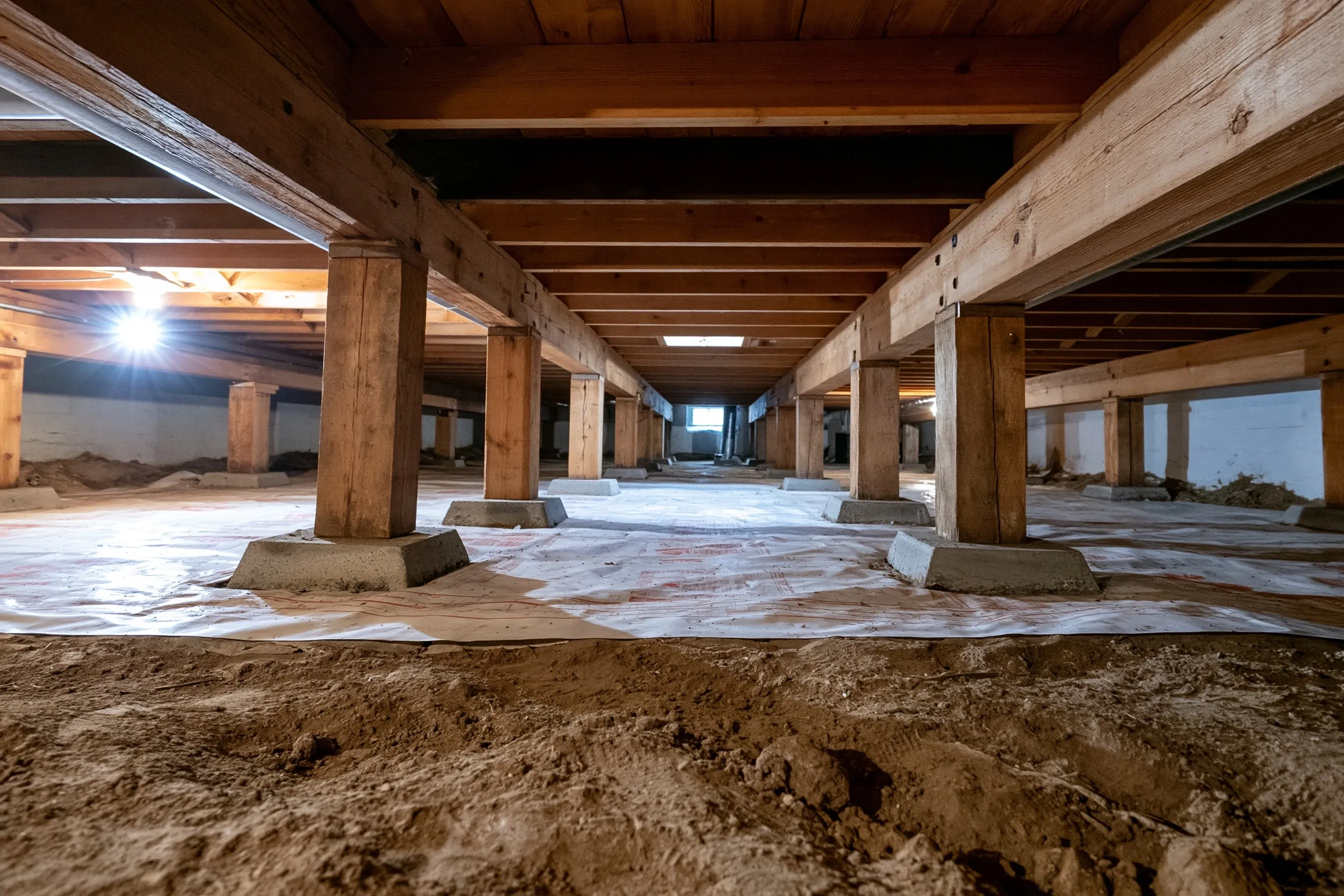 Low-angle view inside a residential crawlspace under a Pacific Northwest house: a row of timber posts on concrete pads holding wood girders and floor joists, bare soil partly covered by a vapor barrier, lit by a flashlight beam