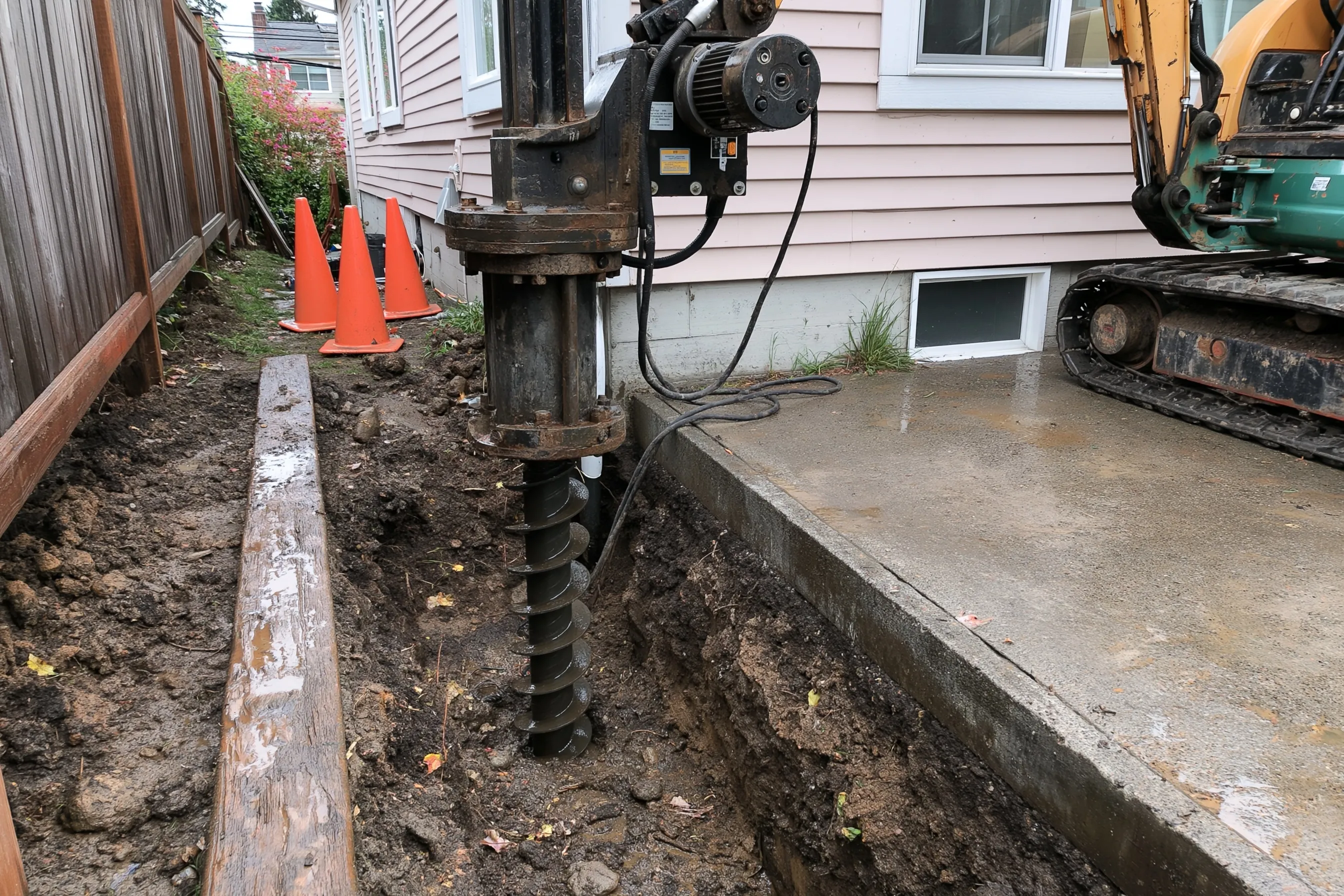 Hydraulic drive head and torque motor on a small compact excavator beside a house foundation, a steel helical shaft being turned into a narrow trench beside the footing, wet Puget Sound soil and orange cones